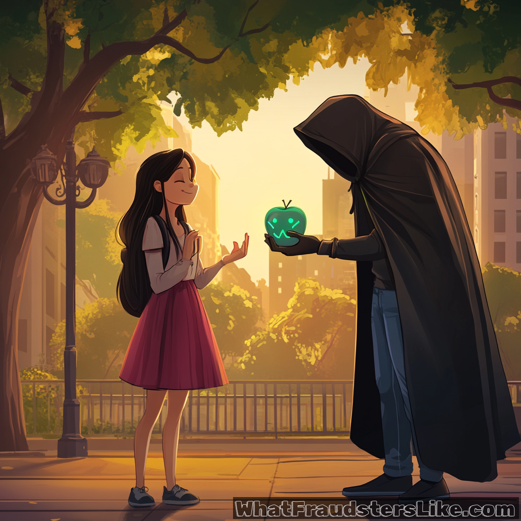 A cloaked, hooded figure extends a glowing, green, skull-emblazoned apple towards a seemingly innocent young woman with long dark hair, who looks up at them with a slight smile in a sunlit outdoor setting.